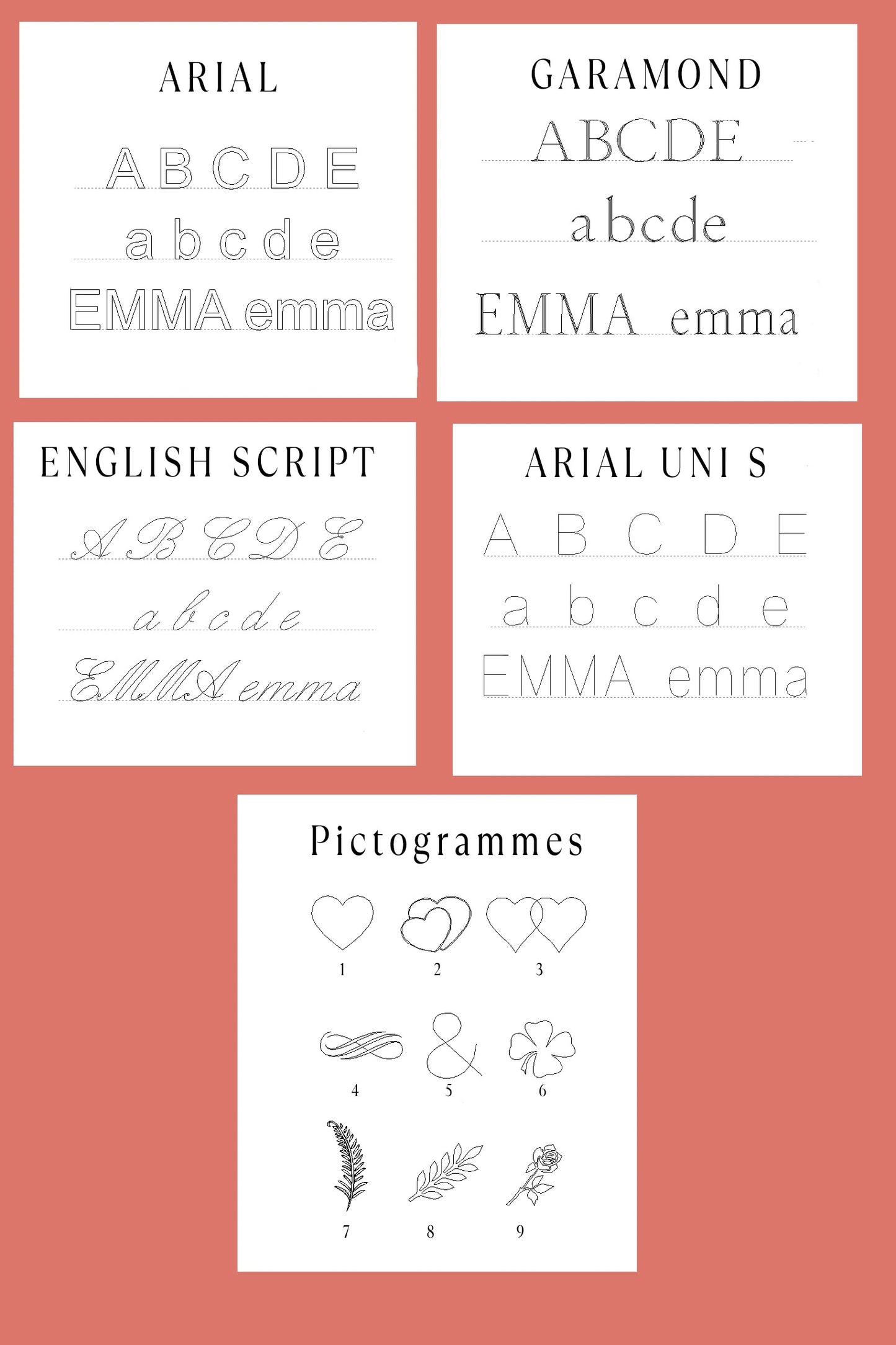 Options de police et pictogrammes pour personnalisation de bijoux, incluant Arial, Garamond, English Script et motifs décoratifs